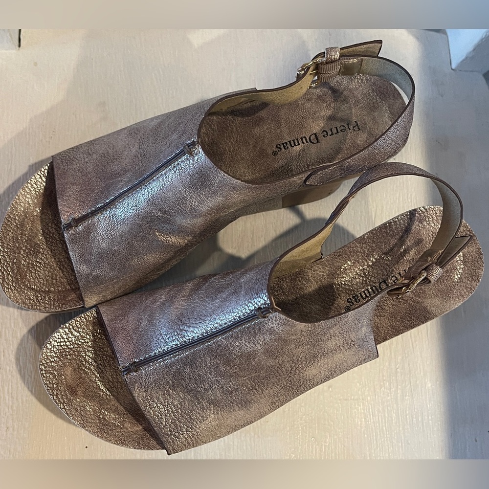 Pierre Dumas Women's Pewter Platform Wedge Open Toe Sandal sz 11 (fits like 10)